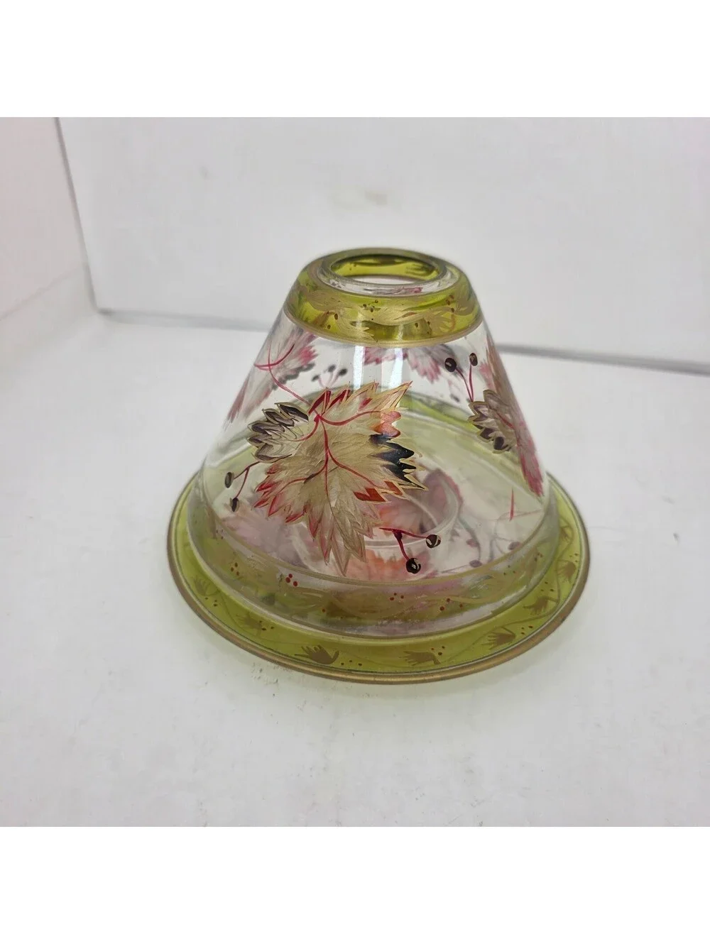 Yankee Candle Shade & Plate Set Hand Painted Glass Autumn Maple Leaf Fall Vtg
